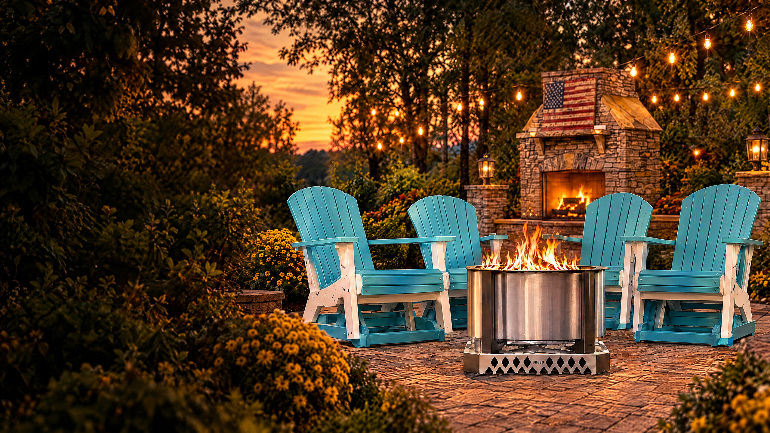 A family gathering around a Breeo fire pit in a warmly lit backyard